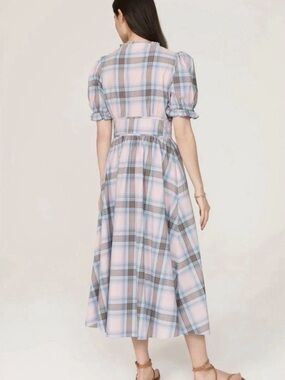 Hill House Pink and Blue Plaid Puff-Sleeve Midi Dress